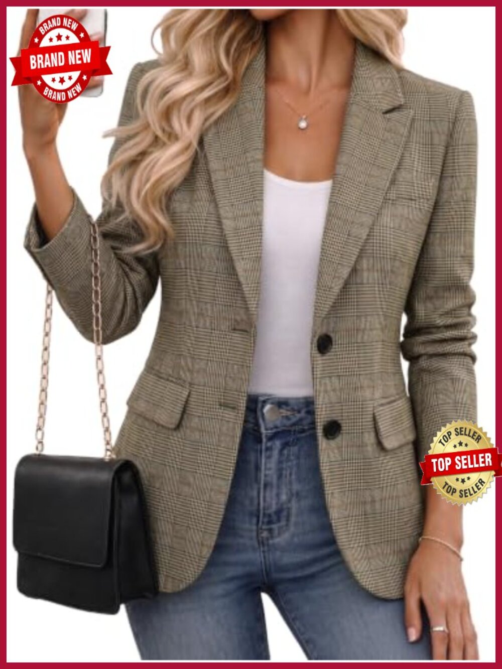 Plaid Herringbone Tweed Blazer Notch Collar Business Casual